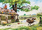 A stampeding pony races away from a stable as a group of children and their instructor watch from the roof in fear and amazement