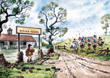 Riders bolt through the broken gate of Willowbrook Riding School in a comical escape, leaving behind a dismayed instructor