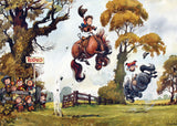 Western-style rodeo scene with ponies bucking off young riders as a group of children cheer enthusiastically from the sidelines