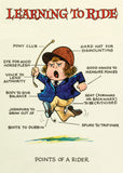 Comical diagram titled ‘Points of a Rider’, showing a young equestrian mid-run with exaggerated labels like ‘seat to be criticised’ and ‘spurs to trip over’