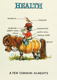 Humorous cartoon of a pony with labelled ‘common ailments’, featuring a girl rider eating a lolly and a bird on her hat, referencing pony conditions like colic, saddle sore, and thrush