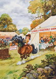 Pony causes chaos at a country flower and vegetable show, knocking over a table while proudly holding a sign that reads Highly Recommended  3 Carrots