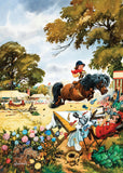 Pony and rider fly over a show ring table, scattering trophies and rosettes as startled judges leap back in alarm