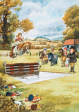 Dramatic water jump scene with a small white pony leaping high above the obstacle while other riders and their ponies look on in disbelief