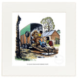 A horse resists loading into a trailer as two girls push and a woman pulls in this charming Horse and Pony cartoon print. Ill be glad when she gets interested in boys by Norman Thelwell—ideal for collectors from Countryside Greetings.