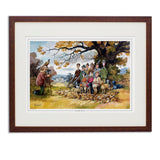 Shooting print, The Smooth Shoot by Thelwell from Countryside Greetings: hunters, dogs, and game birds gather under an autumn tree; one holds a bird of prey with a country estate behind. Inspired by Norman Thelwell art.