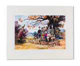 A group of hunters and dogs pose with their game birds under an autumn tree, a stately building behind them—depicted in “Shooting print. The Smooth Shoot by Thelwell” from Countryside Greetings.
