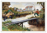 Two anglers fish on a riverbank—one leaps across a bridge as he reels in his catch, the other is pulled off his feet. A quaint village and watermill set the scene in Fly Fishing Print. Tightlines by Thelwell from Countryside Greetings.