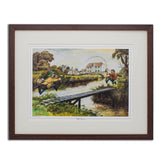Countryside Greetings Fly Fishing Print. Tightlines by Thelwell features two men tangled in lines beside a bridge and village, capturing Norman Thelwell’s playful style in a charming collectible print.