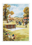 A girl on a jumping horse clears a water obstacle, watched by children and an adult—classic Thelwell style. Pony or Horse Riding Print: The Water Jump by Countryside Greetings makes an ideal equestrian gift.