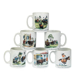 Six Countryside Greetings Thelwell horse riding and pony mug. Mistake mugs, each with colorful Thelwell cartoon horse and pony art and funny captions, are arranged in a pyramid on a white background—ideal gifts for horse lovers.