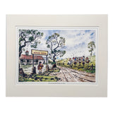 The Cartoon horse print Willowbrook Riding School by Norman Thelwell from Countryside Greetings features riders galloping as a woman observes, with trees and the school building under a blue sky—ideal for equestrian fans.