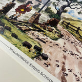 A charming Cartoon horse print, Willowbrook Riding School by Norman Thelwell from Countryside Greetings, features a watercolor girl in red by a broken gate—perfect for horse lovers or as an equestrian-themed gift.