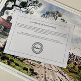 A Certificate of Authenticity for the Cartoon horse print: Willowbrook Riding School by Norman Thelwell from Countryside Greetings. Featuring sheep, people, and a rural scene—perfect for equestrian gift-giving. Includes Thelwell Estate stamp.