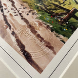 Close-up of Cartoon horse print, Willowbrook Riding School by Norman Thelwell (Countryside Greetings), showing an embossed seal over a path, grass, and tree—ideal for Thelwell collectors or equestrian fans.