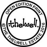 A black circular stamp with OPEN EDITION PRINT at the top, © THE THELWELL ESTATE 2016 at the bottom, and “thelwell.” in the center—perfect for any Countryside Greetings Fly Fishing Print. Tightlines by Thelwell collectible.
