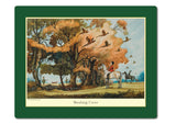 Countryside Greetings Thelwell Hunting Placemats, set of 6, feature scenes like two riders on horses in an autumn forest with birds in flight and colorful foliage—perfect for adding British countryside charm to your table.