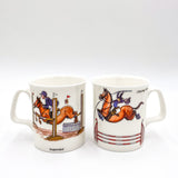 The Clearing the Pole bone china mugs by CountrysideGreetings feature horse jumping scenes—riders in purple on brown horses. Made in the UK, dishwasher safe, and a stylish gift for show jumpers or tea lovers.
