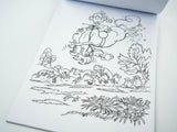A black-and-white coloring page from the Thelwell colouring book, pencil tin and pencils bundle by CountrysideGreetings features a girl jumping a horse, with horses, trees, plants, and snowmen—ideal for colouring pencils.