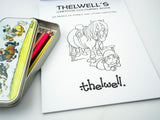 The Thelwell Colouring Book, Pencil Tin and Pencils Bundle by CountrysideGreetings features 22 pages of pony cartoons, a cover with a pony and child, and a colourful pencil tin—perfect for creative fun!.