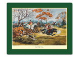 Thelwell Hunting Placemats by Countryside Greetings feature colorful British scenes—riders, hounds, foxes, and autumn trees—bordered in green with In Full Cry below. Set of 6 assorted placemats.