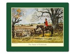 A rider in red on horseback with foxhounds in an autumn field. Text: Thelwell Hunting Placemats—set of 6 by Countryside Greetings, perfect for adding British charm to your table.