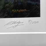 Close-up of the Perch fishing print by M J Pledger from CountrysideGreetings, showing M.J. PLEDGER in yellow and pencil-signed 91/250—perfect wildlife art or fishing gift for collectors.