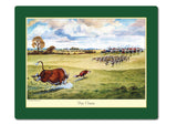 A fox dashes across a field, chased by hounds and riders under a cloudy sky. Titled Thelwell Hunting, this scene appears on Countryside Greetings set of 6 assorted British-made placemats.