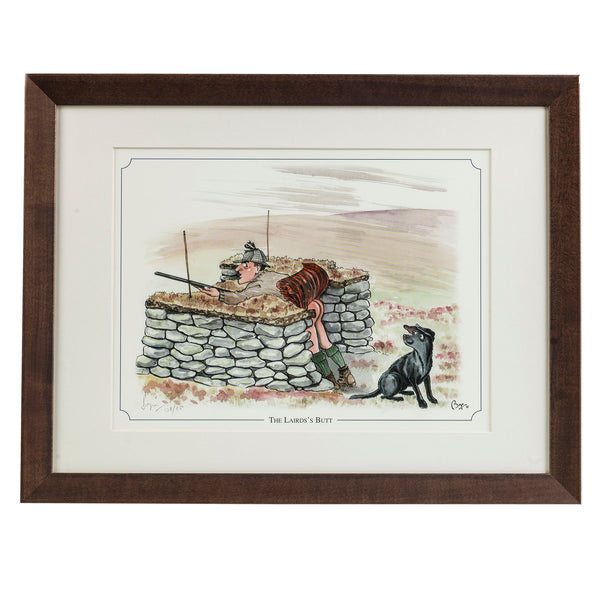 Grouse shooting cartoon limited edition print. The Laird's Butt by Bryn Parry. Available framed or mounted only