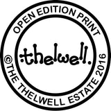 Circular black and white stamp with thelwell. in the center and OPEN EDITION PRINT © THE THELWELL ESTATE 2016 around the edge—ideal for fans of Countryside Greetings Fun horse racing art print, Over the Sticks by Thelwell.