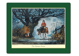 A rider in red on horseback travels through a rainy woods as a fox rests by a bare tree. Thelwell Hunting Placemats, set of 6 by Countryside Greetings, evoke classic hunting scenes with green borders.