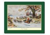 The Countryside Greetings Thelwell Hunting Placemats set features whimsical art of dogs on a horse-drawn sled in snowy countryside, watched by riders and autumn trees. Set of 6 assorted placemats titled “Toy Trumpet.”.