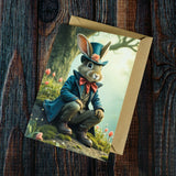 Rabbit Greeting Card. Bunny dressed as Mad Hatter, sitting under Tree