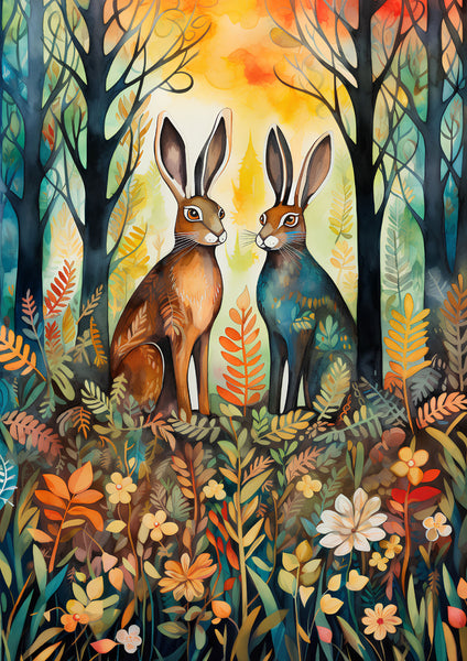 Mystical Hare Greeting Card. Autumn Hares by Amanda Skipsey