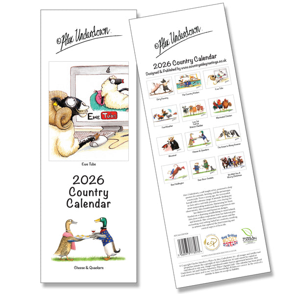 Alex Underdown Country Calendar 2026 – Funny Farm Animal Wall Calendar UK Printed Slim Format