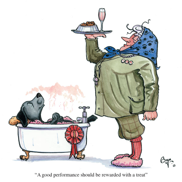 Dog training greeting card. A good performance should be rewarded with a treat by Bryn Parry