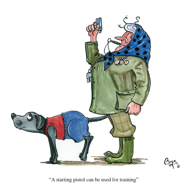 Dog training greeting card. A starting pistol can be used for training by Bryn Parry