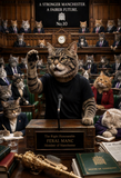 A whimsical scene of anthropomorphic cats dressed in formal suits seated in a parliamentary-style hall, with one central cat raising a paw at a podium labeled 'The Right Honourable FERAL MANC Member of Manchester.' The background shows rows of similarly dressed cats, books, and a sign reading 'A STRONGER MANCHESTER.