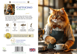 Cat greeting cards showing both sides. Cat making coffe
