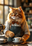 A fluffy orange tabby cat dressed as a barista, wearing a white shirt, brown bow tie, and dark green apron, standing behind a counter with a coffee cup in a cafe setting.