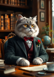 A fluffy gray cat dressed in a dark green suit, burgundy vest, red bow tie, round glasses, and a red flower boutonniere, sitting at a wooden desk in a library setting.