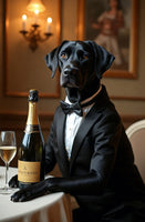 Black labrador greeting card featuring a dashing dog dressed in black tie sat at table in restaurant with bottle of champagne.