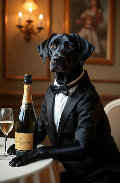 Black labrador greeting card featuring a dashing dog dressed in black tie sat at table in restaurant with bottle of champagne.