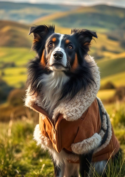 Border Collie Greeting Card featuring dog wearing sheepskin jacket