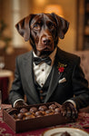 A5 greeting card featuring a suave Chocolate Labrador dressed in a classic black evening suit and bow tie, proudly holding a box of chocolates. With a charming, debonair expression and a humorous nod to sophistication, this card from the Countryside Greetings collection by Charles Sainsbury-Plaice blends canine charisma with British wit. Ideal for Valentine’s Day, anniversaries, or chocolate-loving dog fans, printed in the UK using eco-friendly materials.