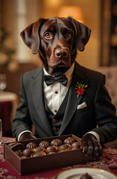 A5 greeting card featuring a suave Chocolate Labrador dressed in a classic black evening suit and bow tie, proudly holding a box of chocolates. With a charming, debonair expression and a humorous nod to sophistication, this card from the Countryside Greetings collection by Charles Sainsbury-Plaice blends canine charisma with British wit. Ideal for Valentine’s Day, anniversaries, or chocolate-loving dog fans, printed in the UK using eco-friendly materials.