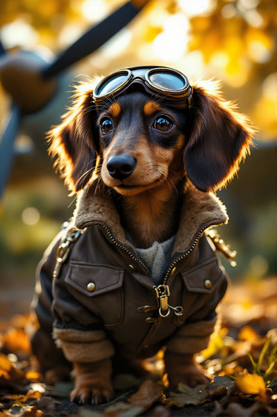 Dachshund Dog Greeting Card or Birthday Card featuring Douglas dressed as a pilot with Spitfire in background