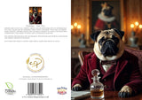 Double-sided greeting card design featuring a regal pug named Edward, illustrated in a humorous, anthropomorphic style. On the right, Edward sits at a polished wooden desk wearing a burgundy velvet smoking jacket and bow tie, with a decanter of whisky and a newspaper in front of him. Behind him, a portrait shows him dressed as a crowned monarch. On the left, the back of the card includes a miniature of the front image, a whimsical biography of Edward, branding for Countryside Greetings.