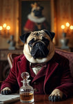 Close-up of Edward the Pug, seated formally at a desk in a richly decorated room. He wears a luxurious burgundy velvet jacket and bow tie, with a decanter of whisky and a folded newspaper in front of him. The warm candlelight and background portrait—featuring Edward in royal robes and a crown—add a touch of aristocratic satire to this refined, characterful scene.
