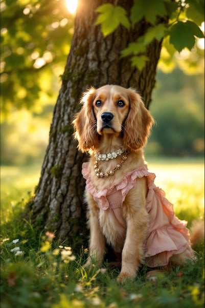 Cocker Spaniel Greeting Card showing a yellow coloured dog dressed in feminine clothing agains a tree. Perfect for all occasions as blank on the inside